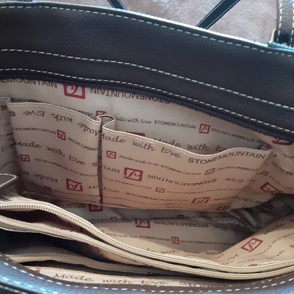 STONE MOUNTAIN Pebbled Faux Leather Tote /Purse Black- Brown Large, 11” x 18” - Picture 5 of 11